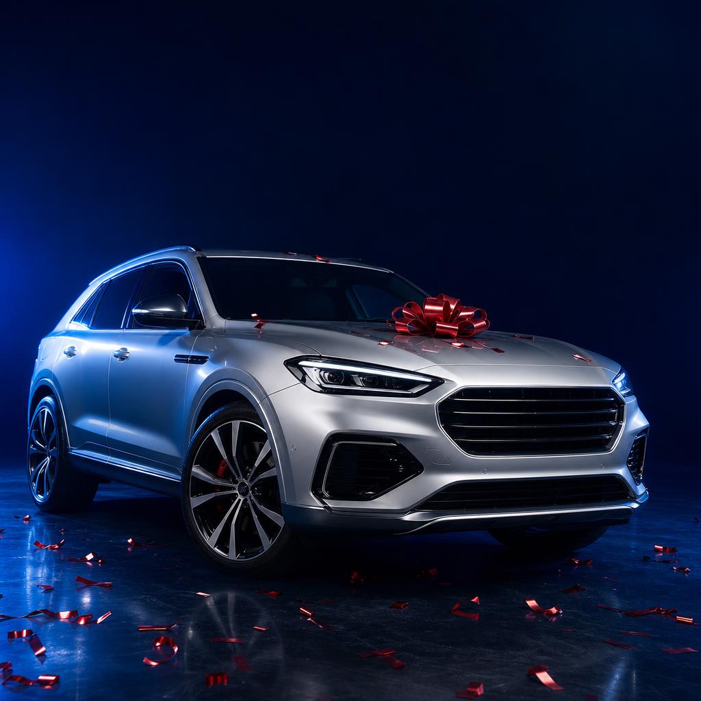 Illustrative silver SUV giveaway prize with a red gift bow
